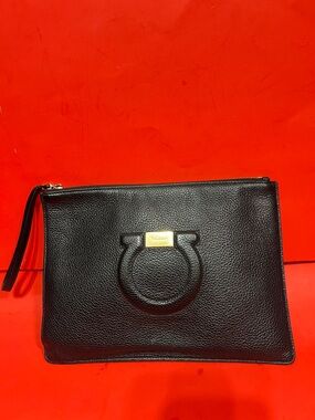 Black Leather Wristlet Clutch with Gold Accent